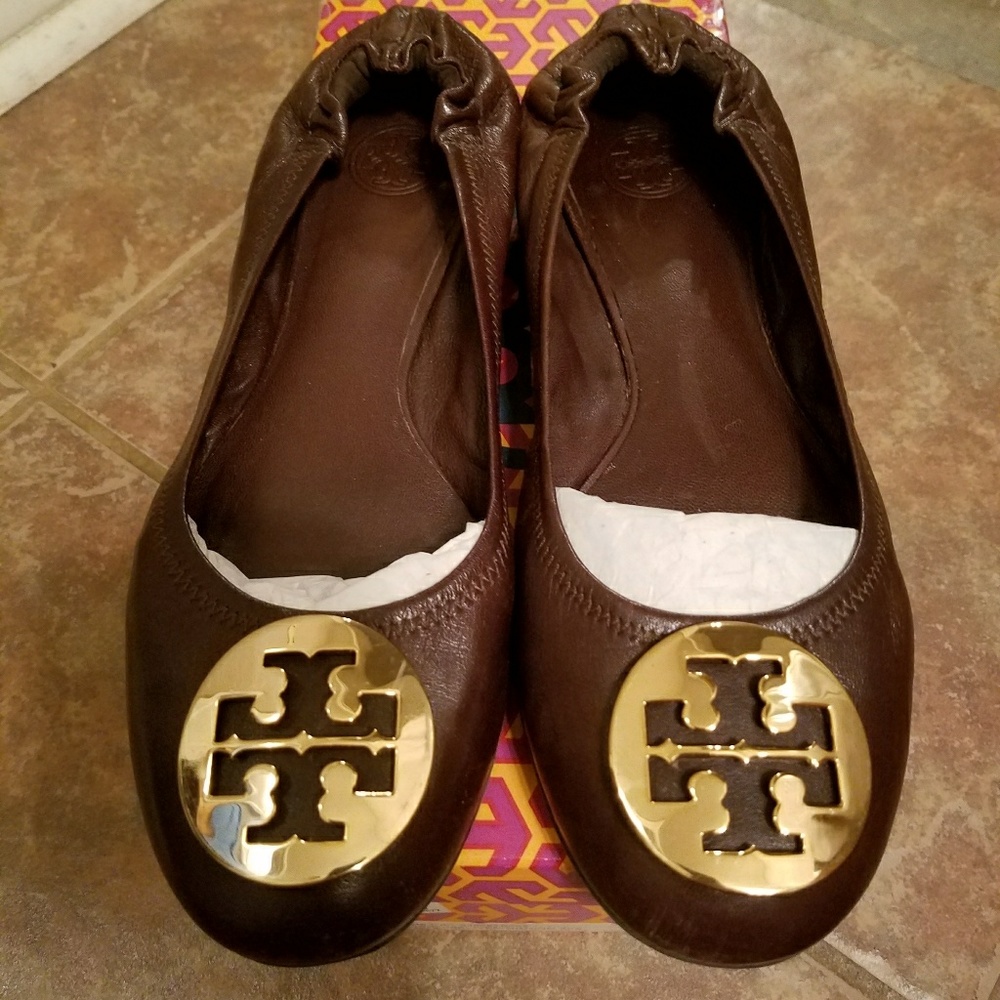 *AUTH TORY BURCH Chocolate&Gold CLASSIC REVAS SZ9*